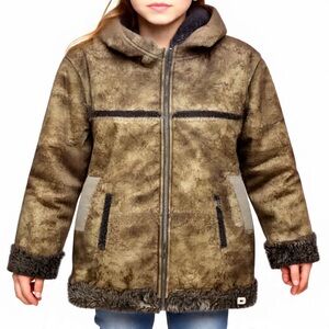 Widgeon Girls Faux Fur Lined Chestnut Suede Hooded Coat Size 10 Boho Western